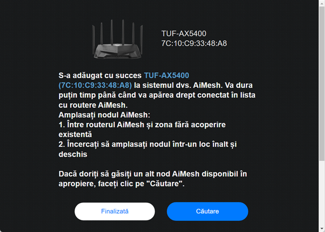 Routerul selectat este adÄugat la reÈeaua AiMesh