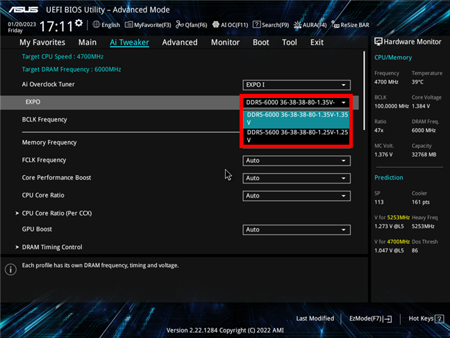 Selectarea unui profil de memorie AMD EXPO pe o placÄƒ de bazÄƒ ASUS