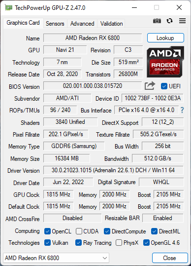 AMD Radeon RX 6800: Detalii afișate de GPU-Z
