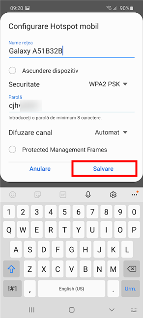 ConfigureazÄƒ Hotspot mobil È™i apasÄƒ Salvare