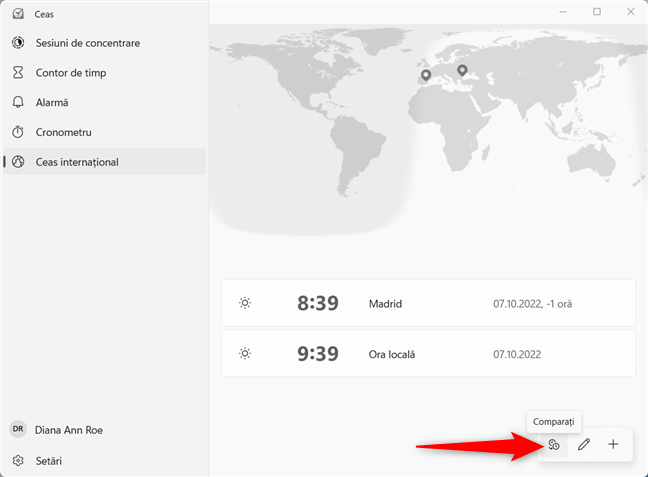 ComparÄƒ orele din diferite È›Äƒri cu aplicaÈ›ia Ceas din Windows