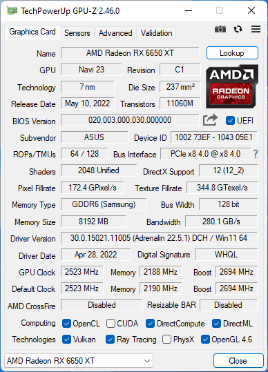 GPU-Z - Detalii despre ASUS ROG Strix RX 6650 XT Gaming 8GB OC Edition