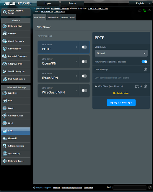 ASUS RT-AX59U are multe caracteristici legate de VPN