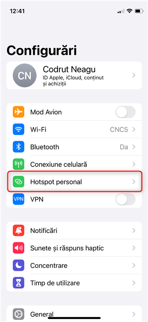 Pe iPhone, acceseazÄ ConfigurÄri > Hotspot personal