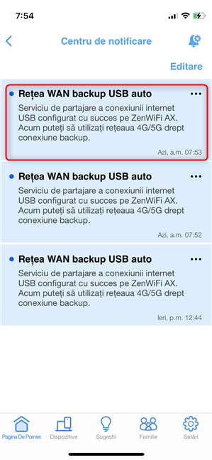ReÈeaua WAN backup USB auto este activatÄ pe iPhone-ul tÄu