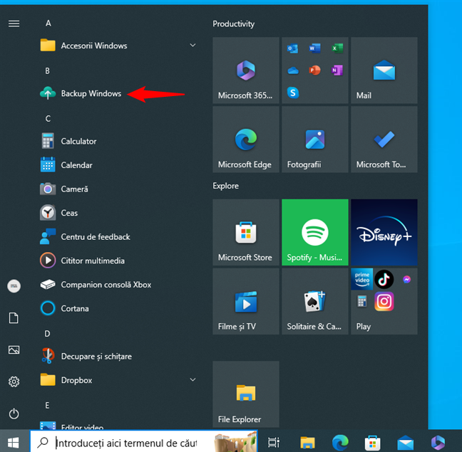 Deschide Windows Backup Ã®n Windows 11 din Meniul Start