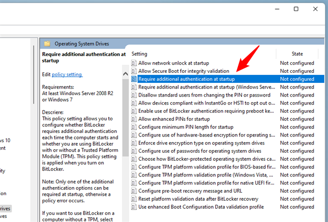 Deschide Require additional authentication at startup din Local Group Policy Editor