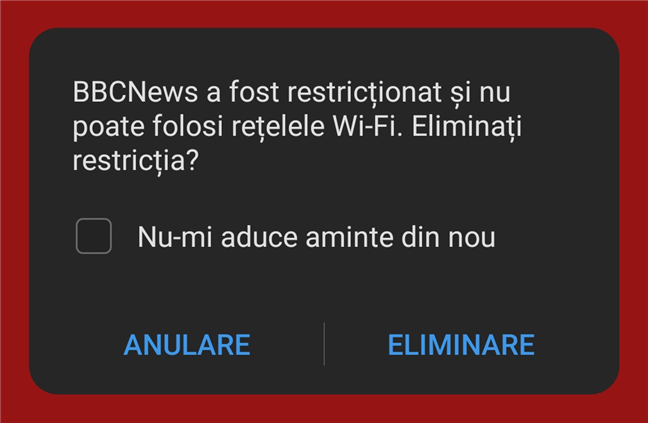 O aplicație pentru Android este restricționată din a folosi rețele Wi-Fi