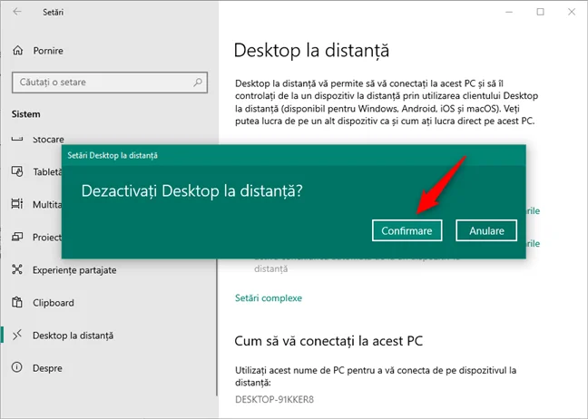 Dezactivați Desktop la distanță