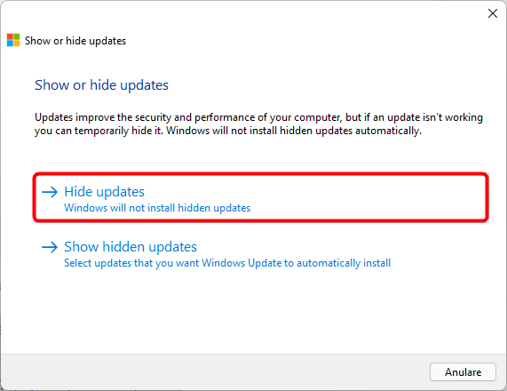 Alege Hide updates - Windows nu va instala actualizÄƒrile ascunse