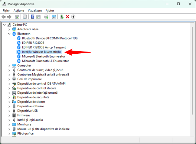 Cip Bluetooth listat în Manager dispozitive, în Windows 11