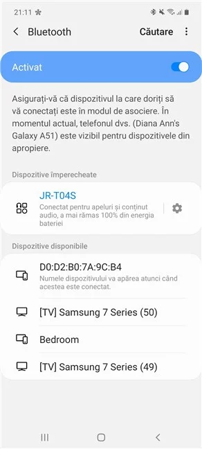 Asocierea Bluetooth din Android este stabilită cu succes pe Samsung