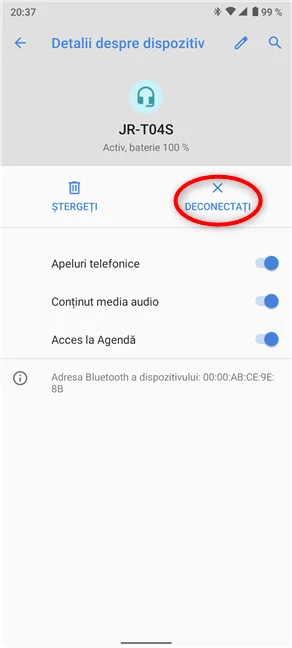 Deconectează sau conectează dispozitivul Bluetooth