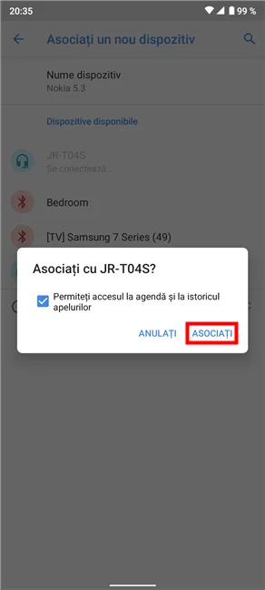 Setează permisiunile dispozitivului Bluetooth și confirmă asocierea pe Android
