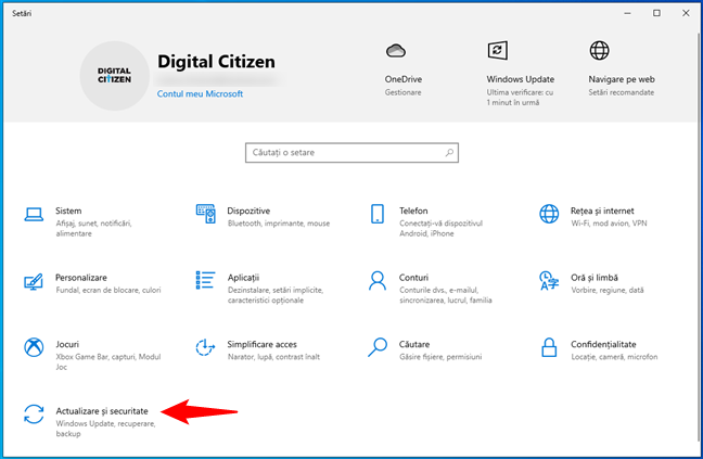 SetÄƒrile de Actualizare È™i securitate din Windows 10