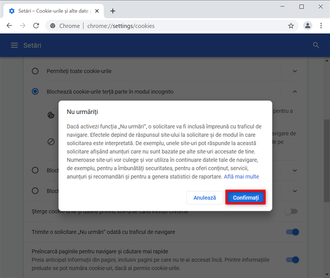 ConfirmÄƒ pentru a activa Nu urmÄƒri Ã®n Google Chrome