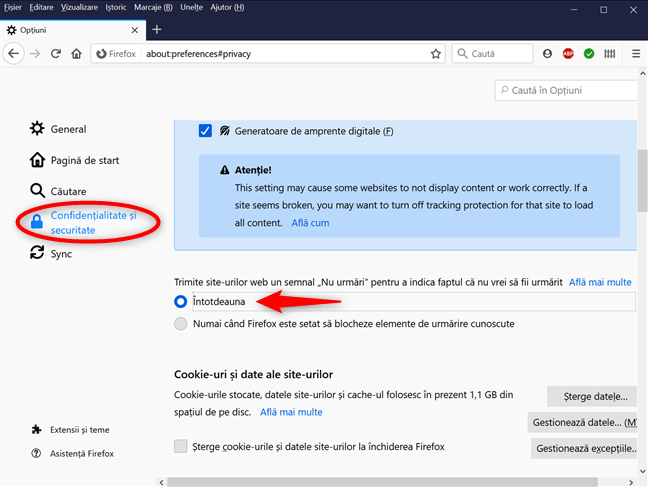Activează setarea Nu urmări din Firefox