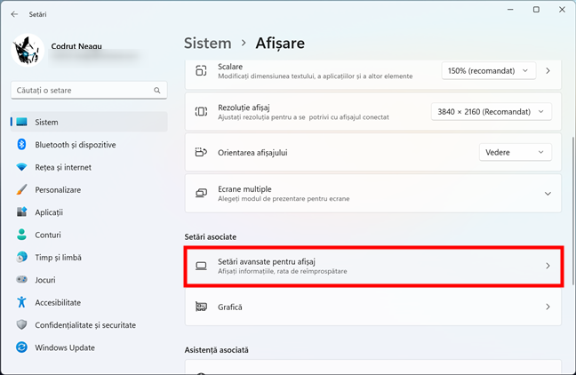 Rubrica SetÄƒri avansate pentru afiÈ™aj
