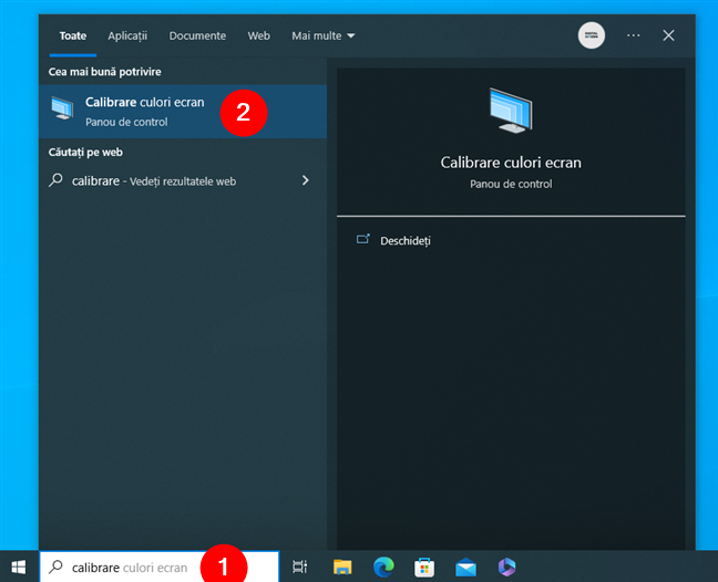 CÄƒutarea expertului Calibrare culori ecran Ã®n Windows 10