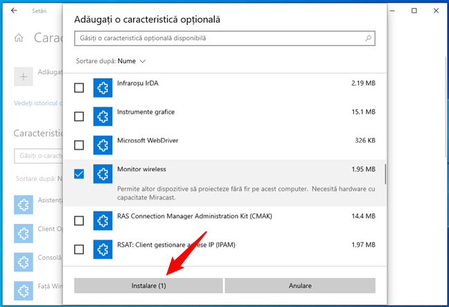 Instalarea caracteristicilor opÈ›ionale din Windows 10