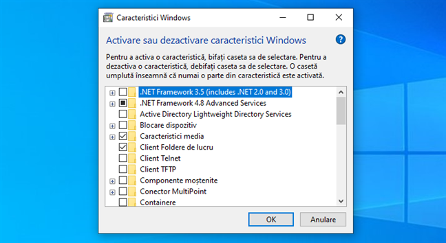 Caracteristicile È™i componentele Windows disponibile Ã®n Windows 10