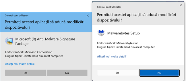 Solicitare CCU Ã®n Windows 10 (stÃ¢nga) È™i Windows 11 (dreapta)