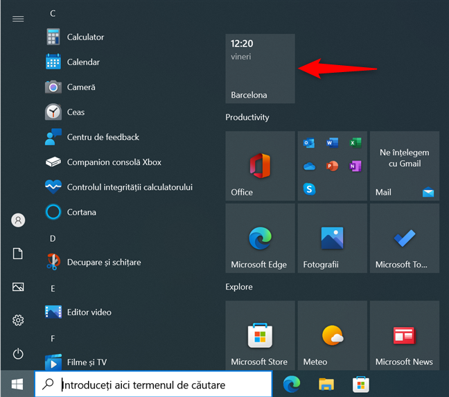 Dala live a unui ceas Ã®n Meniul Start din Windows 10