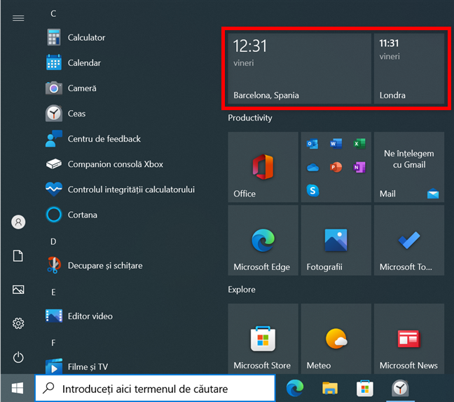FoloseÈ™te dimensiuni diferite pentru ceasurile fixate Ã®n Meniul Start din Windows 10