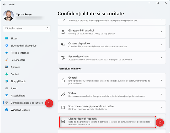 În setările Windows 11, mergi la Confidențialitate și securitate > Diagnosticare și feedback