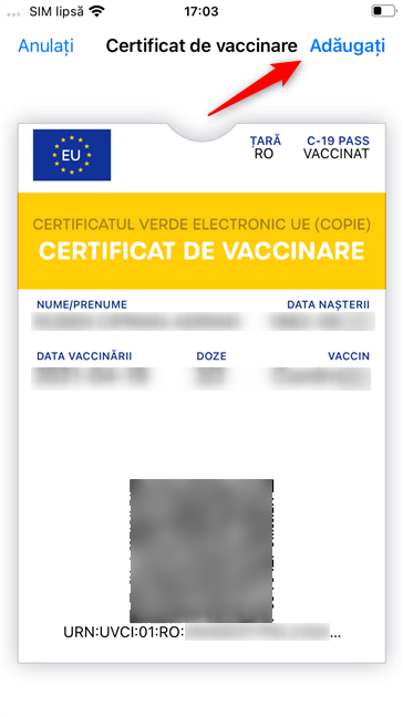 Adaugă certificatul de vaccinare la aplicația Portofel de pe iPhone