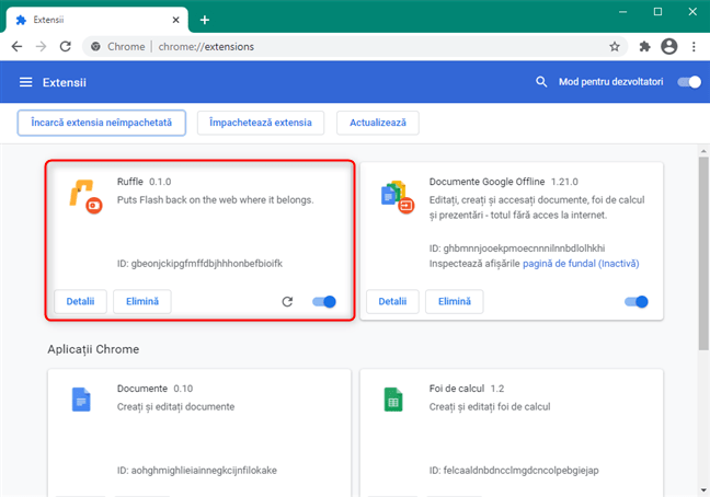 Extensia Chrome Ruffle pentru Flash este activatÄƒ