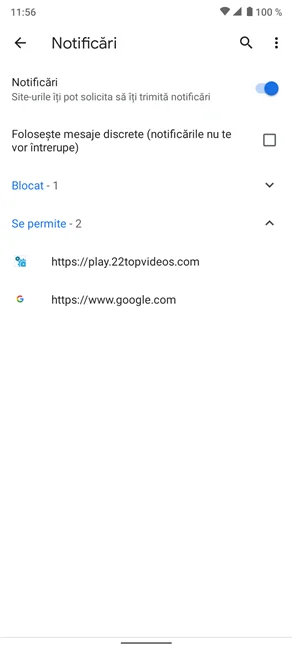 Ecranul Notificări poate afișa până la două liste de site-uri în partea de jos