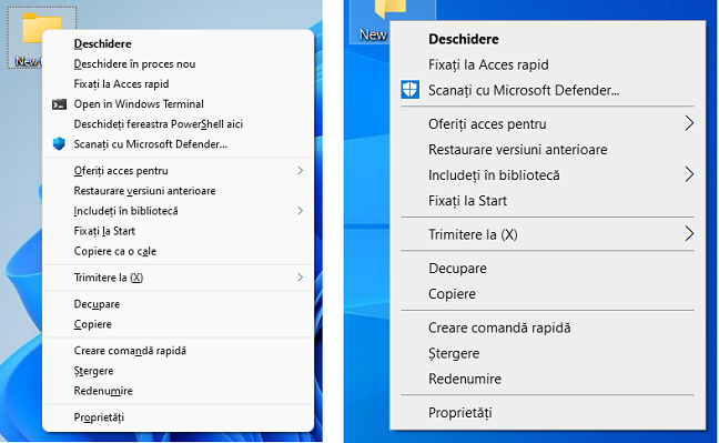 Meniul tradițional în Windows 11 (stânga) versus Windows 10 (dreapta)