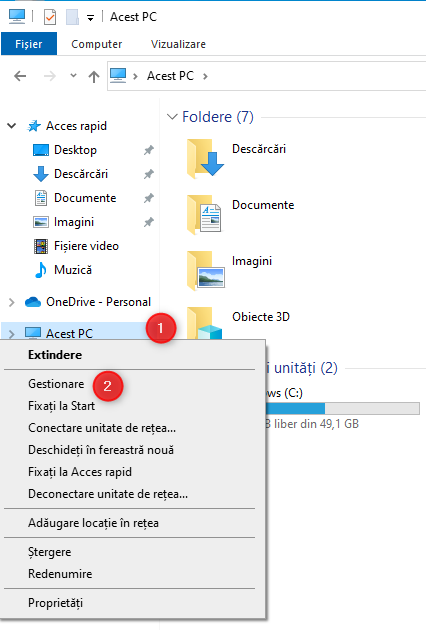 DÄƒ clic dreapta pe Acest PC È™i alege Gestionare