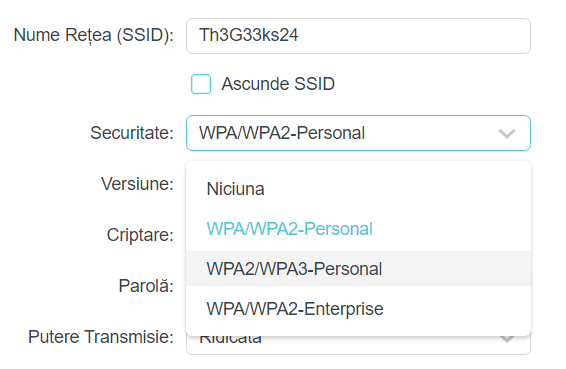 WPA2/WPA3-Personal este cea mai bună opțiune