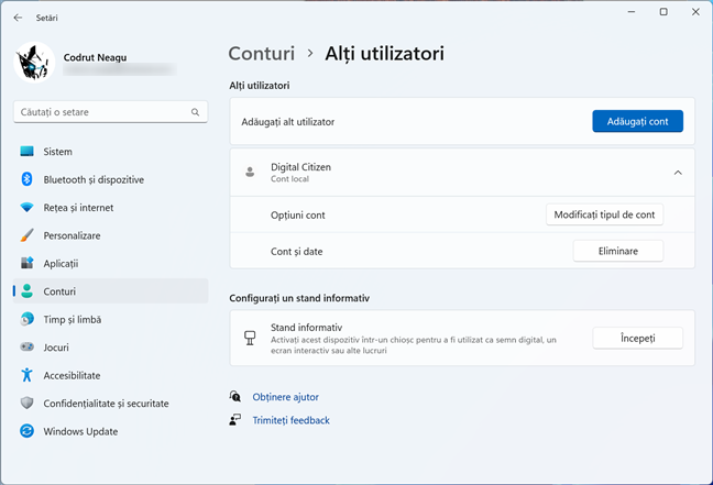 Un cont de utilizator local standard Ã®n Windows 11