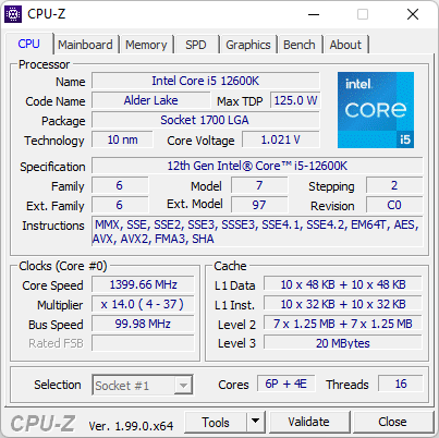 Detalii despre Intel Core i5-12600K afiÈ™ate de CPU-Z