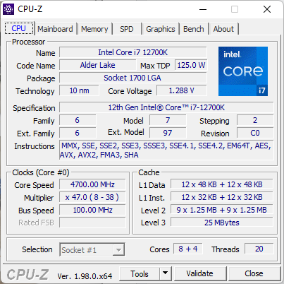 Intel Core i7-12700K: Specificații afișate de CPU-Z