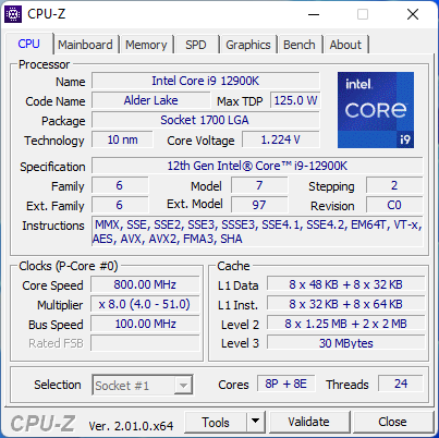 Detalii despre Intel Core i9-12900K afiÈ™ate de CPU-Z