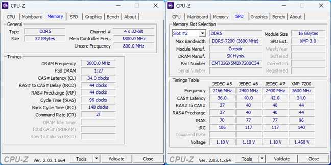 Specificații și timinguri afișate în CPU-Z