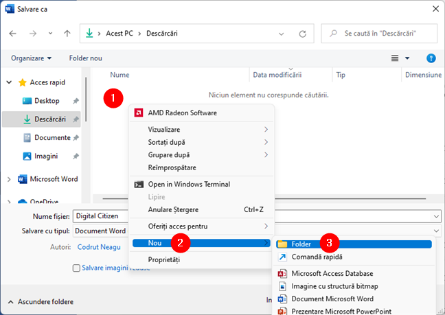 Crearea unui nou folder Ã®n Windows din fereastra Salvare ca