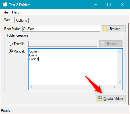 Apăsarea butonului Create folders (Creare foldere) face mai multe foldere în același timp