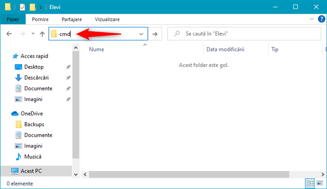 Deschide cmd într-un folder folosind File Explorer