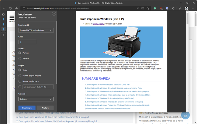 Fereastra de imprimare afiÈ™atÄƒ de Google Chrome