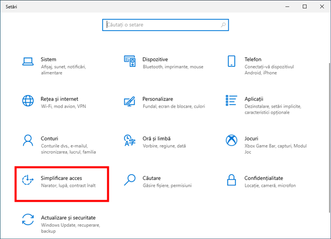 SecÈ›iunea Simplificare acces din aplicaÈ›ia SetÄƒri