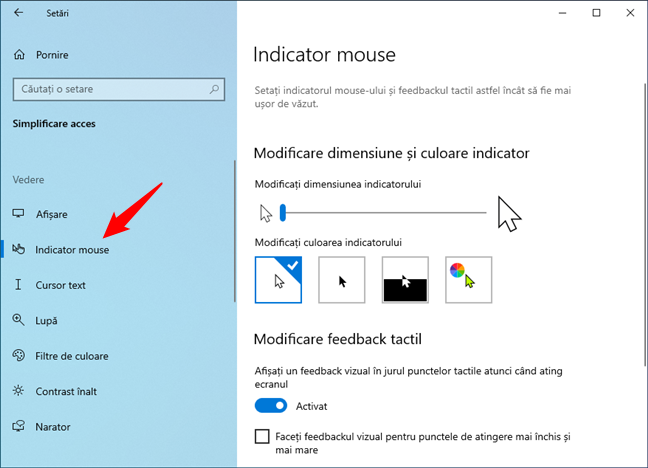 Setările pentru Indicator mouse din Windows 10