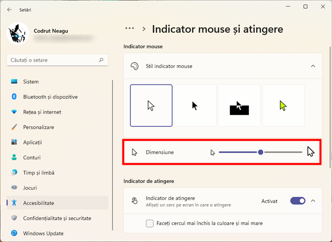 FoloseÈ™te comutatorul pentru a schimba dimensiunea indicatorului