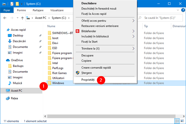 Găsește folderul Windows și deschide-i Proprietățile