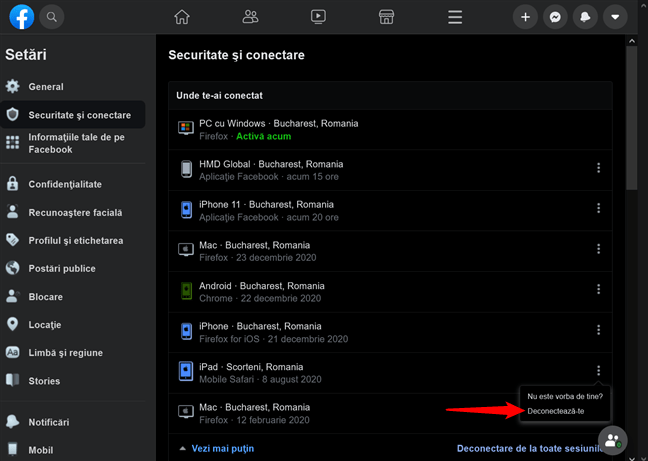 Butonul DeconecteazÄƒ-te este disponibil din meniu