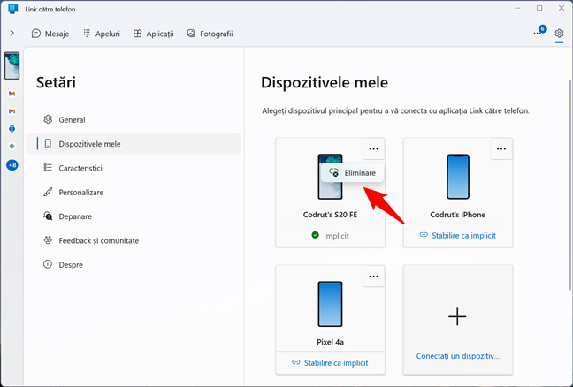 Alege Eliminare pentru a deconecta un telefon din Windows